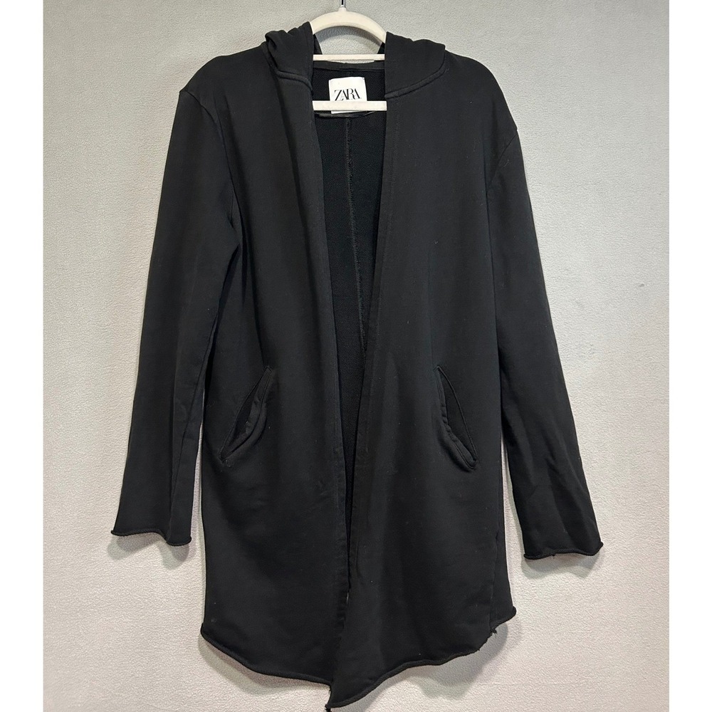 Zara Open Front Cardigan Women Small Black Longline Hooded Raw Hem Pockets